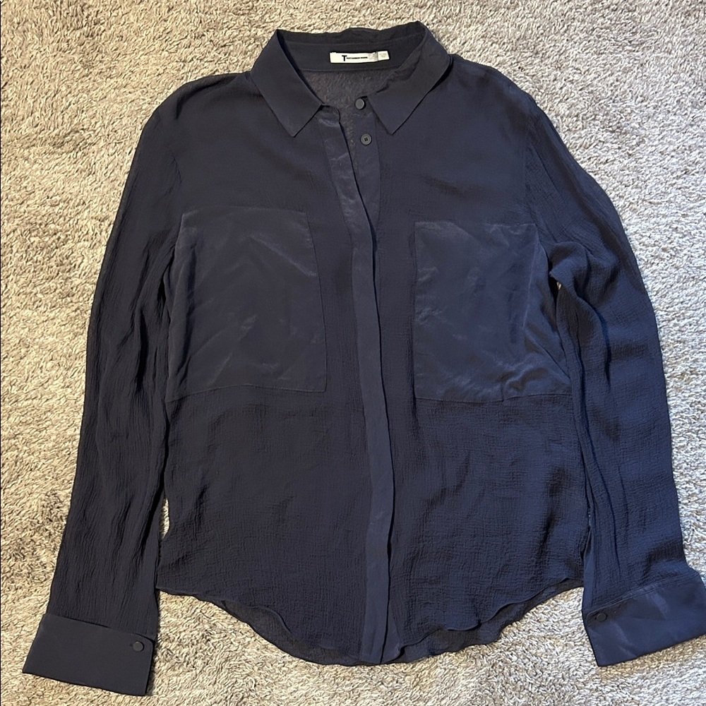 T BY ALEXANDER WANG NAVY SILK BLOUSE, SIZE LARGE